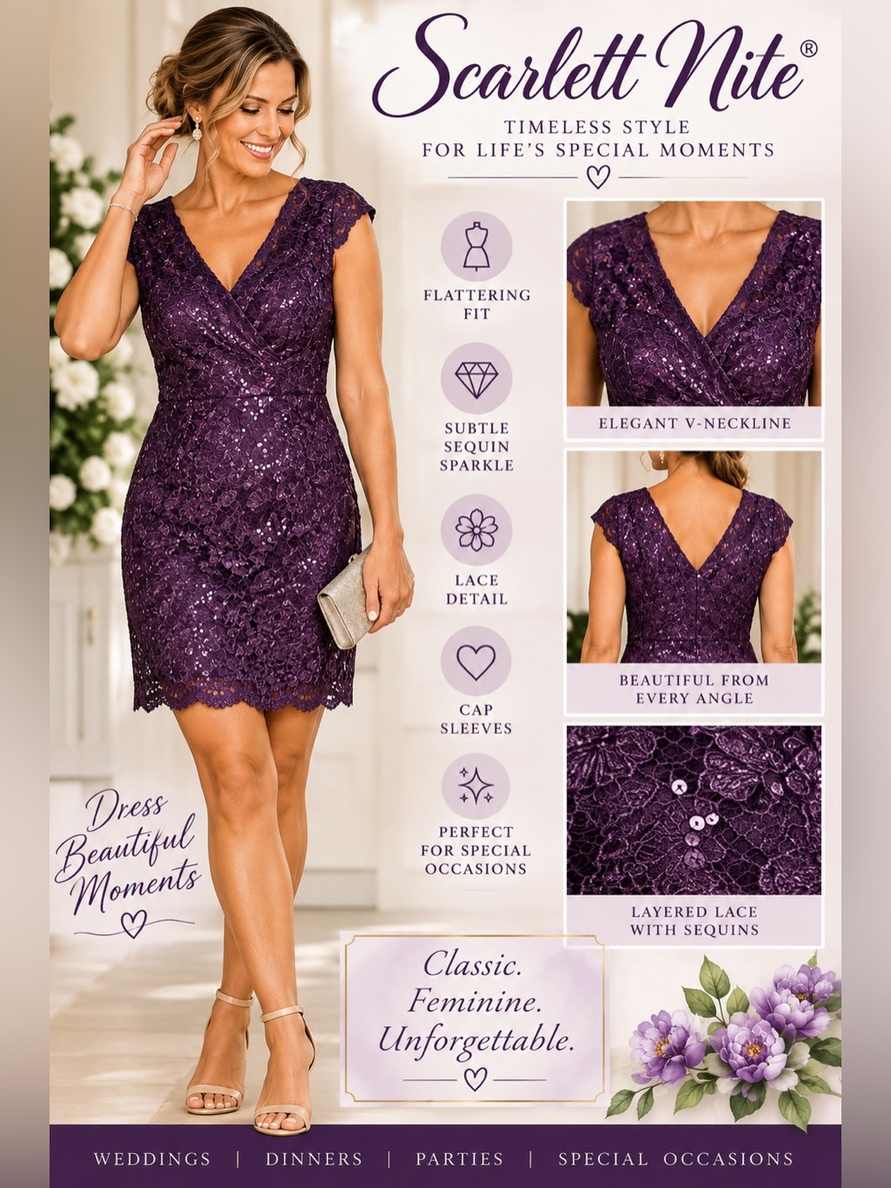 Scarlett Nite Purple Lace Sequin Midi Dress